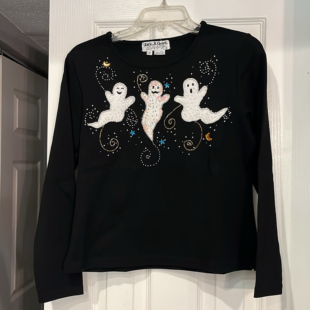 Halloween Cutest Ghost outlined in pearls & beads long sleeve ladies top. Med